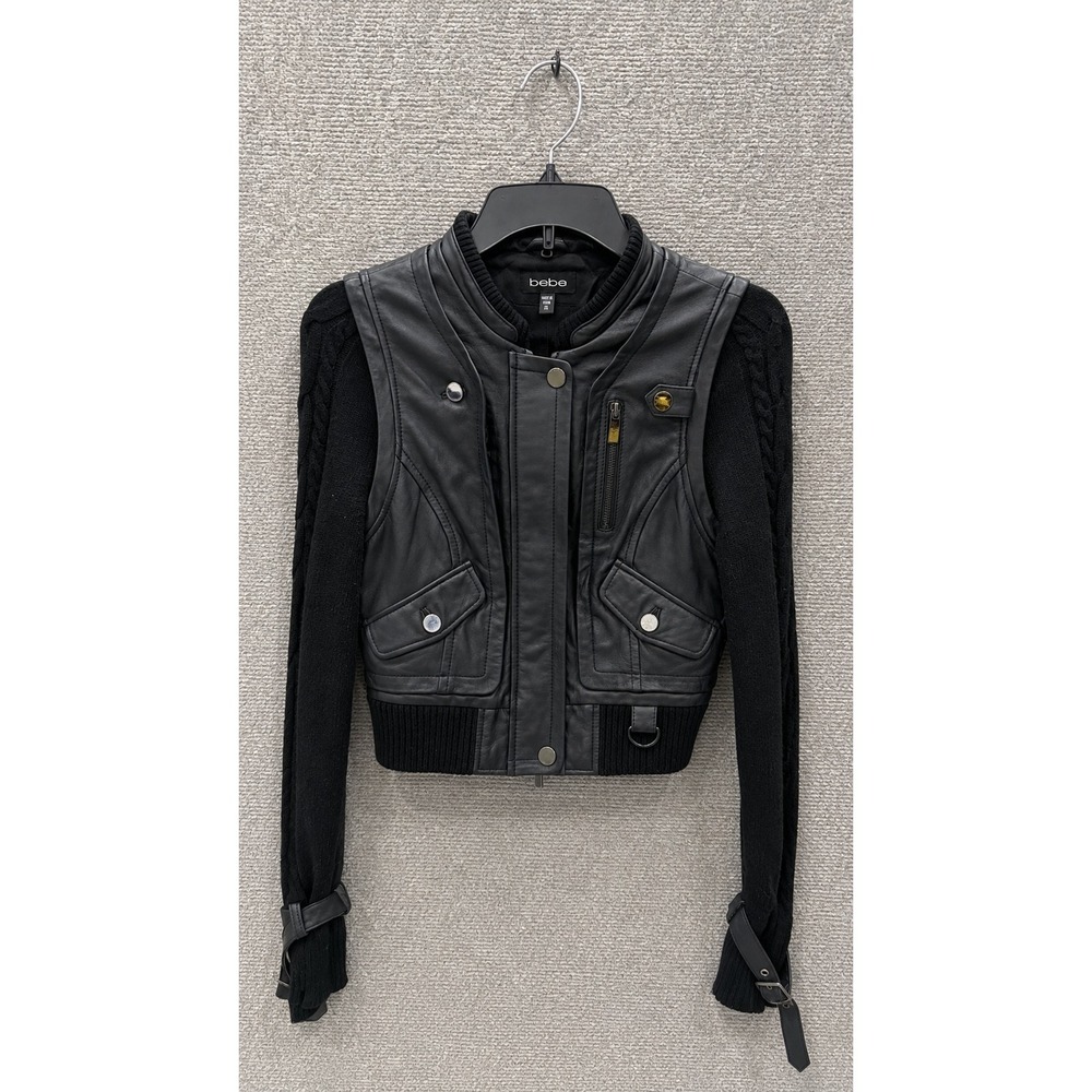 Vintage Bebe Women Jacket XS Black Leather Moto Fabric Sleeves Y2K